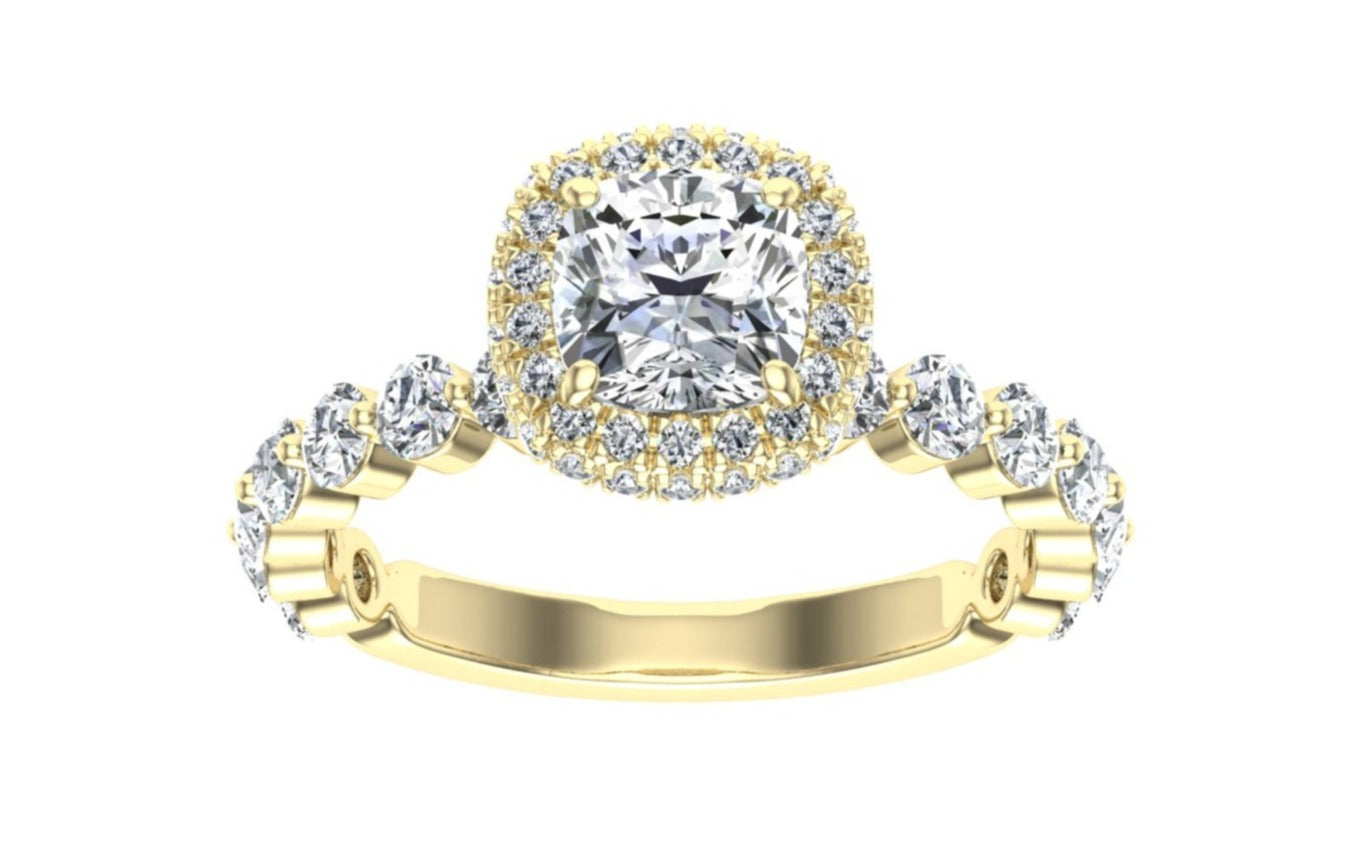 Wisteria Cushion Cut Double Edge Halo Moissanite Engagement Ring Yellow Gold