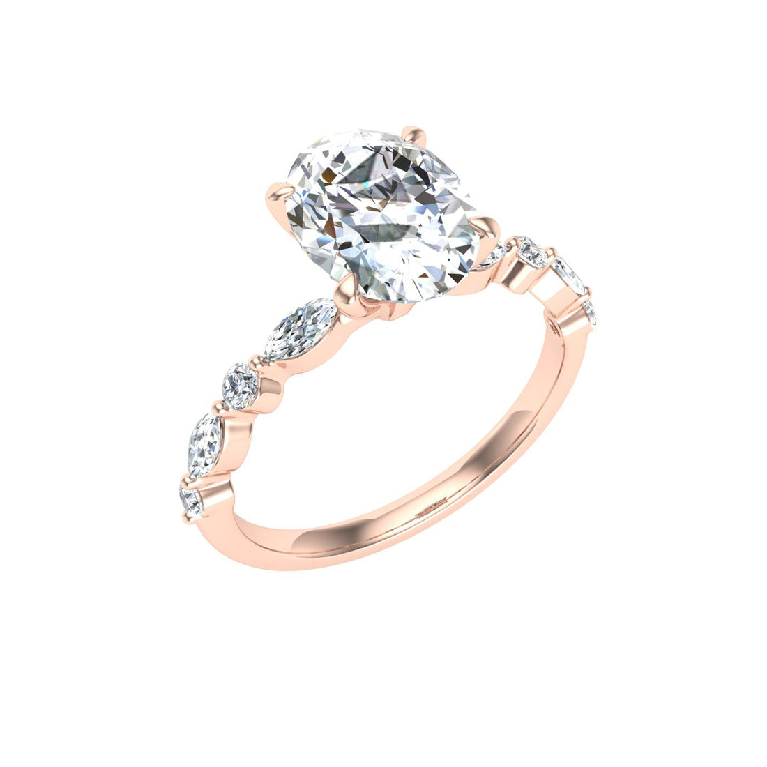 Zephyr Oval Cut Side Stones Moissanite Engagement Ring Rose Gold