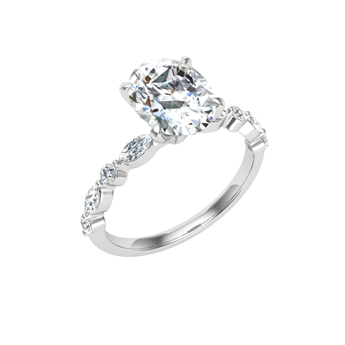 Zephyr Oval Cut Side Stones Moissanite Engagement Ring White Gold