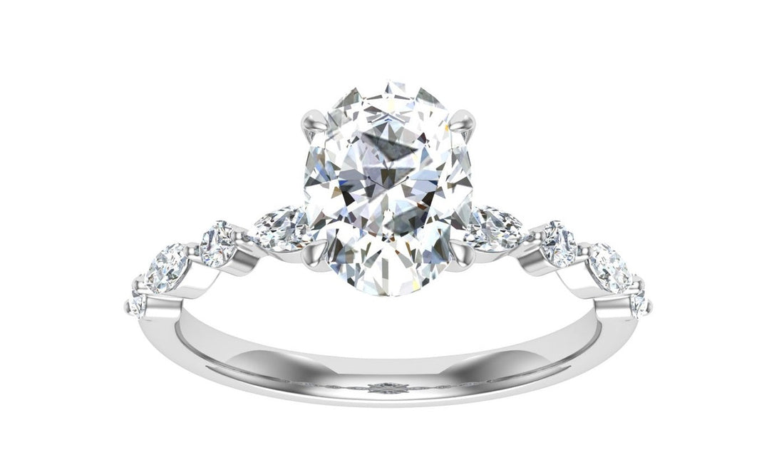 Zephyr Oval Cut Side Stones Moissanite Engagement Ring White Gold