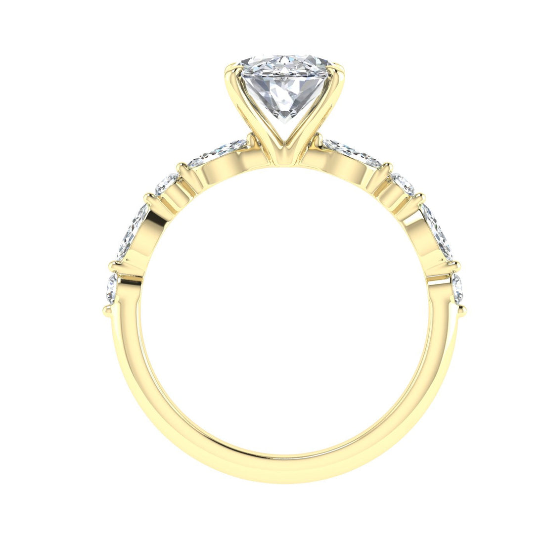 Zephyr Oval Cut Side Stones Moissanite Engagement Ring Yellow Gold