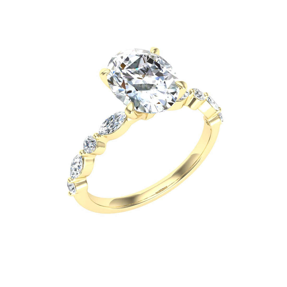 Zephyr Oval Cut Side Stones Moissanite Engagement Ring Yellow Gold