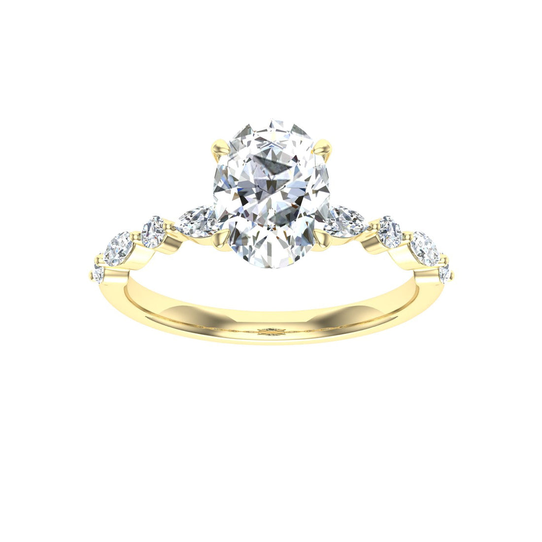 Zephyr Oval Cut Side Stones Moissanite Engagement Ring Yellow Gold