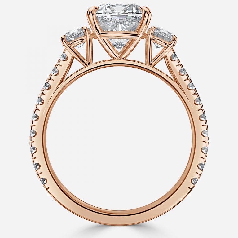 Florania Three Stone Cushion Moissanite Engagement Ring Rose Gold