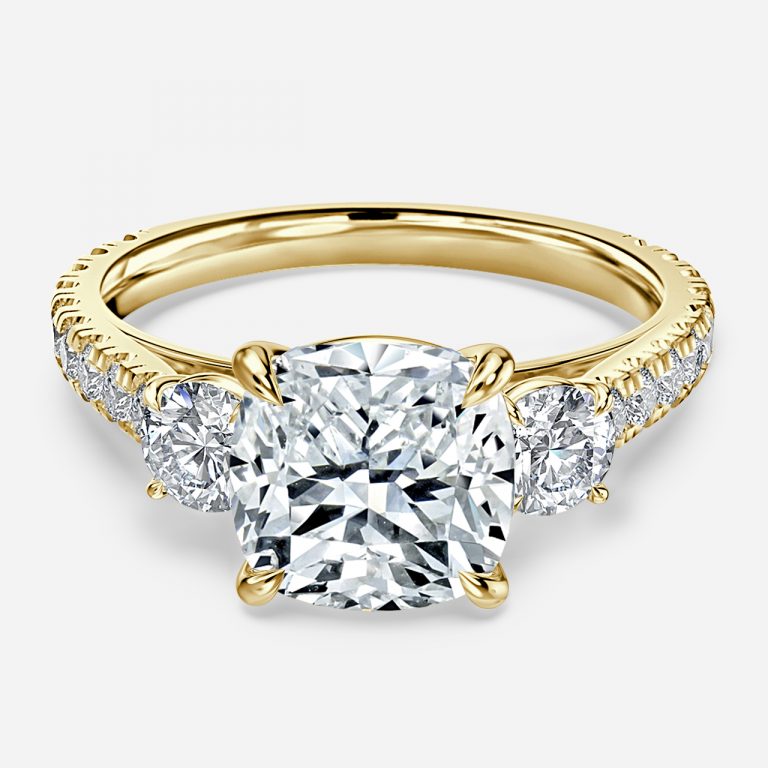 Florania Three Stone Cushion Moissanite Engagement Ring Yellow Gold