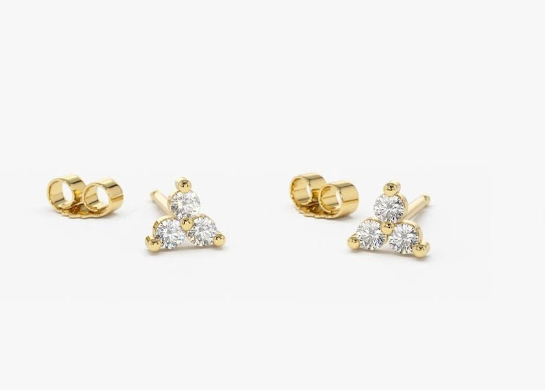 Three Stone Moissanite Stud Earrings Yellow Gold