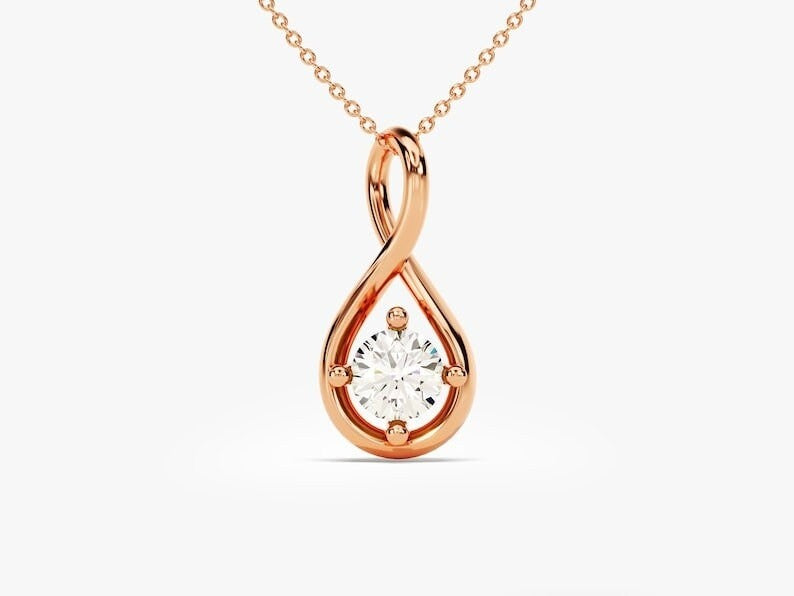 14K Solid Gold Round Cut Moissanite Infinity Necklace Rose Gold