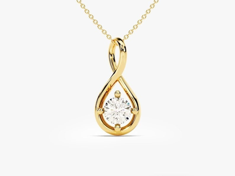 14K Solid Gold Round Cut Moissanite Infinity Necklace Yellow Gold