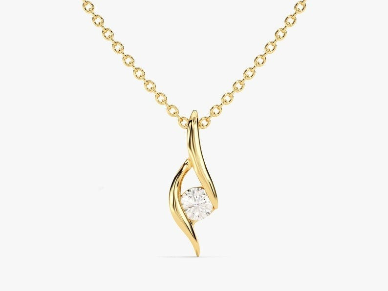 14K Solid Gold Round Solitaire Moissanite Pendant Yellow Gold