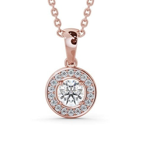 Round Cut Moissanite Classic Halo Necklace Rose Gold