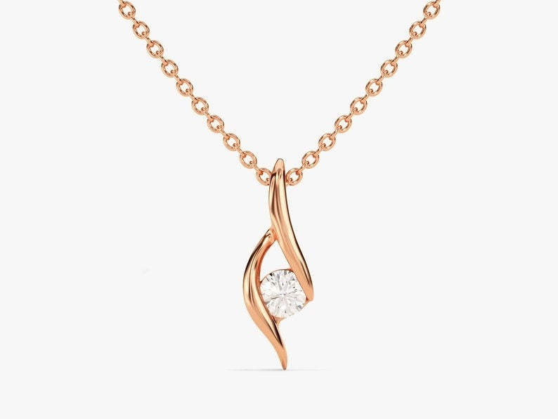 14K Solid Gold Round Solitaire Moissanite Pendant Rose  Gold