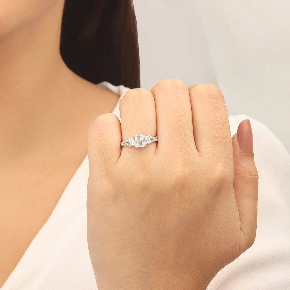 Esmeralda High Set 0.50ct Emerald Lab Grown Diamond Split Shoulder Three Stone Engagement Ring