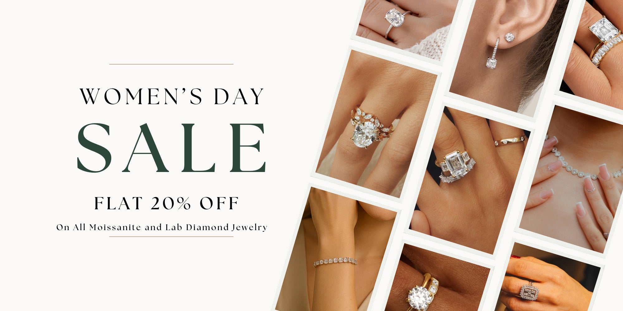 Promotional banner for women's jewelry sale with diamond jewelry on a white background
